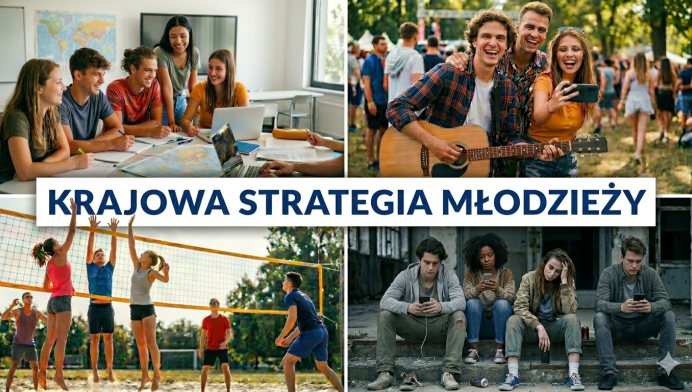 Ilustracja do projektu krajowej Strategii Młodzieży: napis pośrodku i zdjęcia młodych ludzi