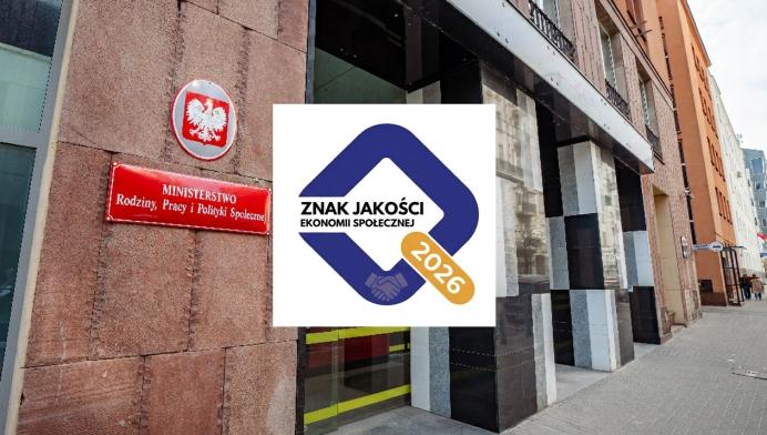 Budynek ministerstwa rodziny, pracy i polityki społecznej oraz logo konkursu