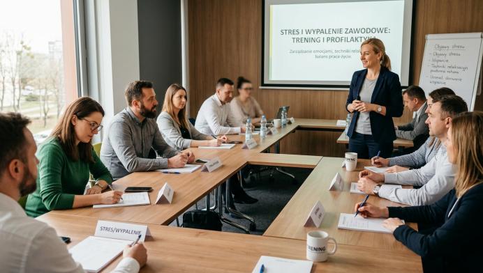 Grafika ilustracyjna - ludzie na szkoleniu z wypalenia zawodowego