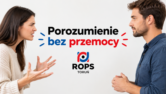 grafika ilustracyjna - dwoje ludzi dyskutuje, logo ROPS, napis Porozumienie bez Przemocy